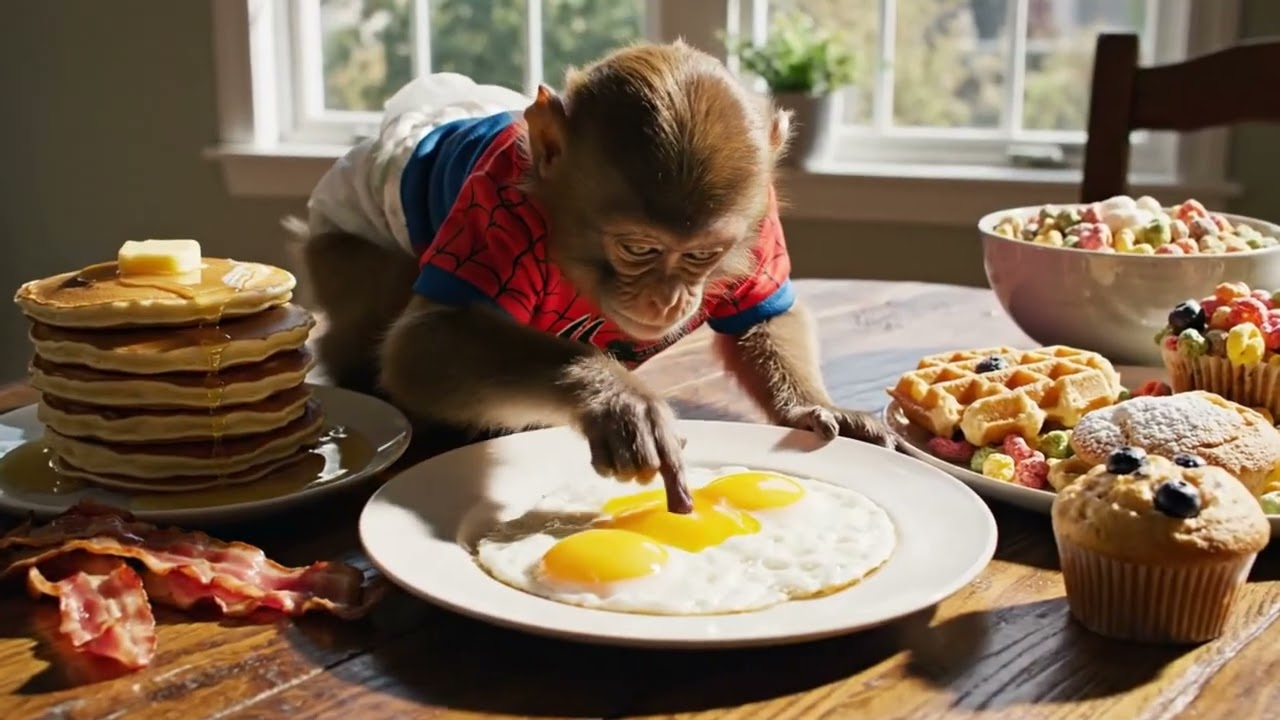 Mukbang | Nino the Monkey Enjoys an American Breakfast I AI Content Creation Universe