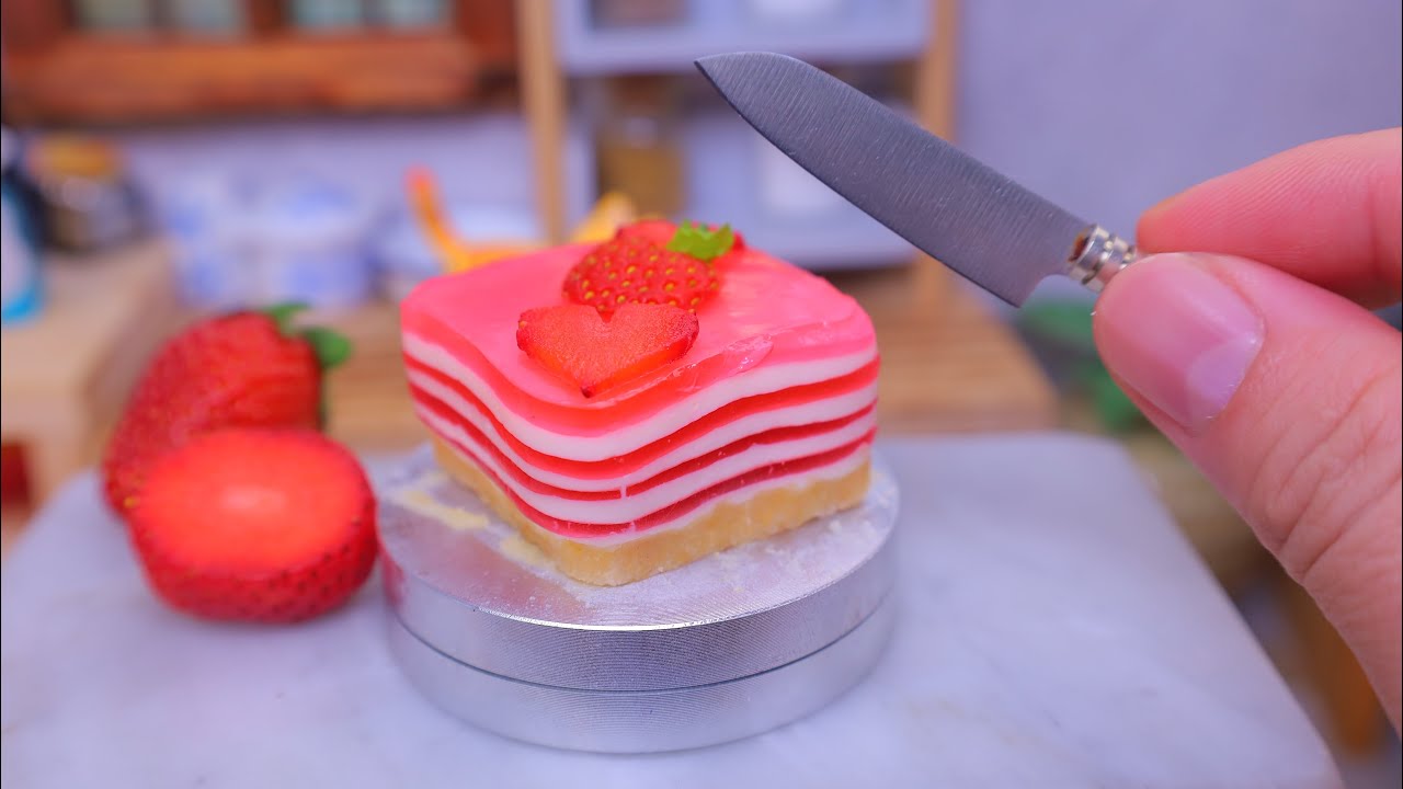 食べられるミニチュア料理、苺ゼリーケーキ Mini food Miniature Hieu’s Kitchen YouTube