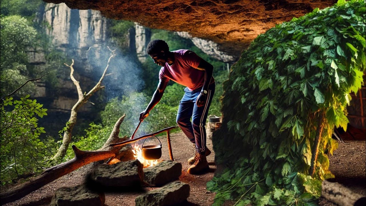 Camping Under A Big Rock | BUILD BUSHCRAFT SHELTER | Outdoor Campfire ...