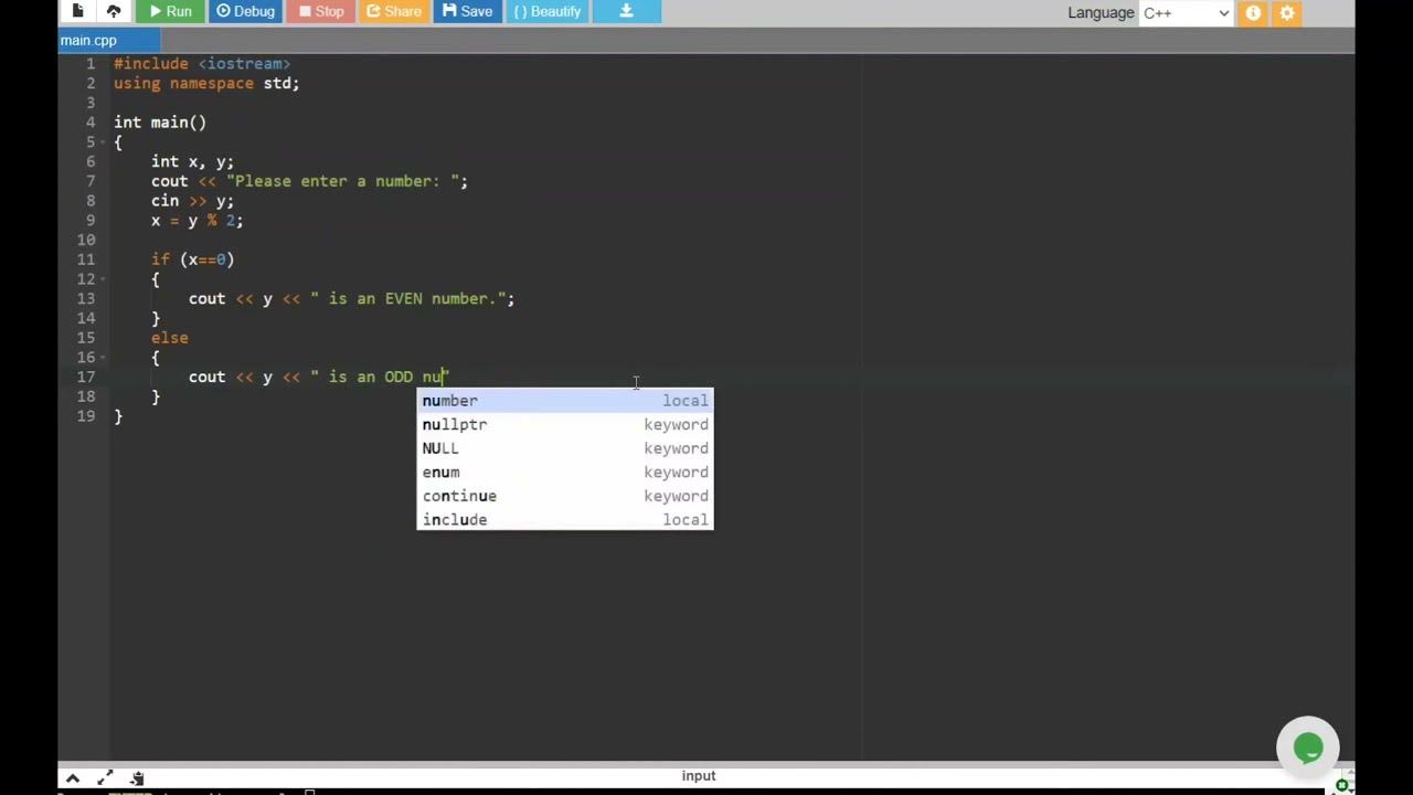 Sample C++ Code using Modulus Operator | Determine whether EVEN or ODD ...