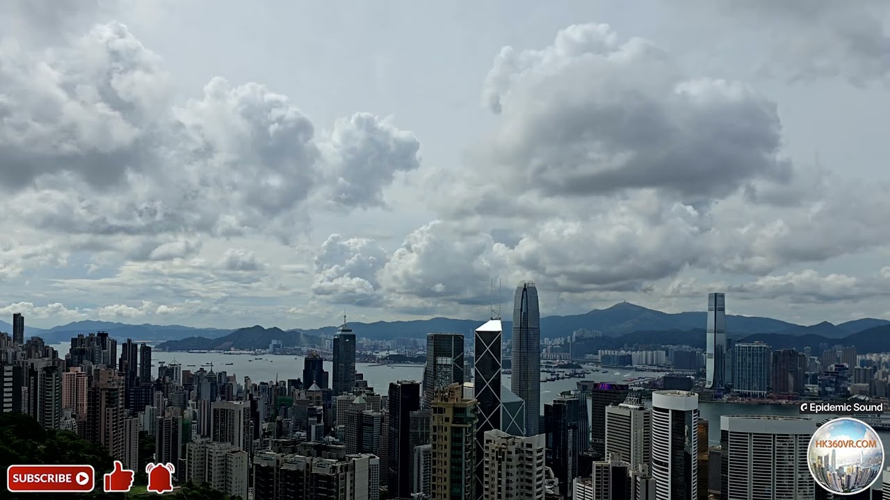 Fast-moving clouds streak across the sky over Hong Kong harbour. 