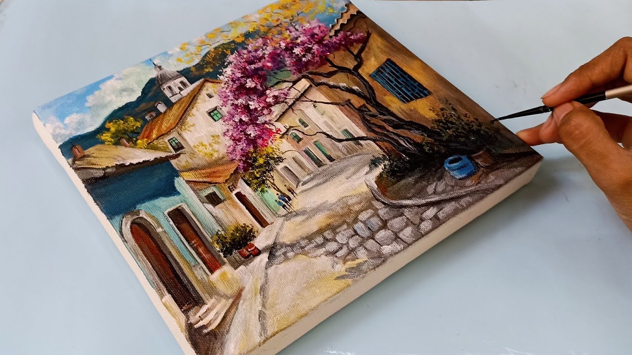 How To Paint Courtyard With A beautiful Tree //Acrylic painting ...