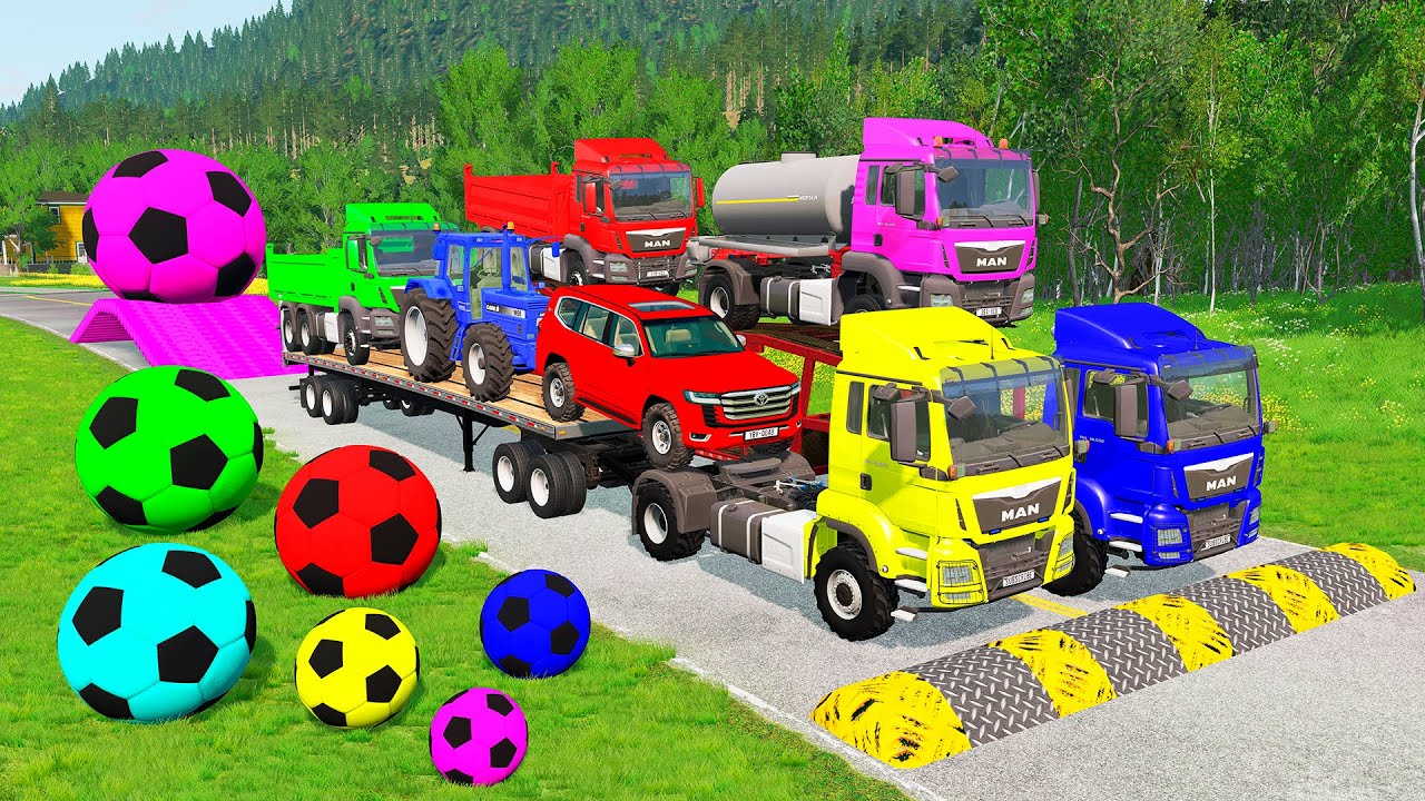 Flatbed Trailer McQueen Transportation with Truck - Speedbumps vs Cars vs Train - BeamNG.Drive #4