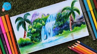 waterfall easy drawing draw scenery pencil drawings colored painting paintingvalley