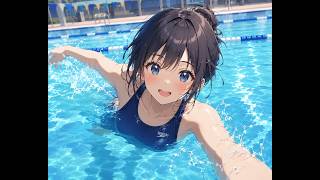 Gadis anime berenang di kolam renang
