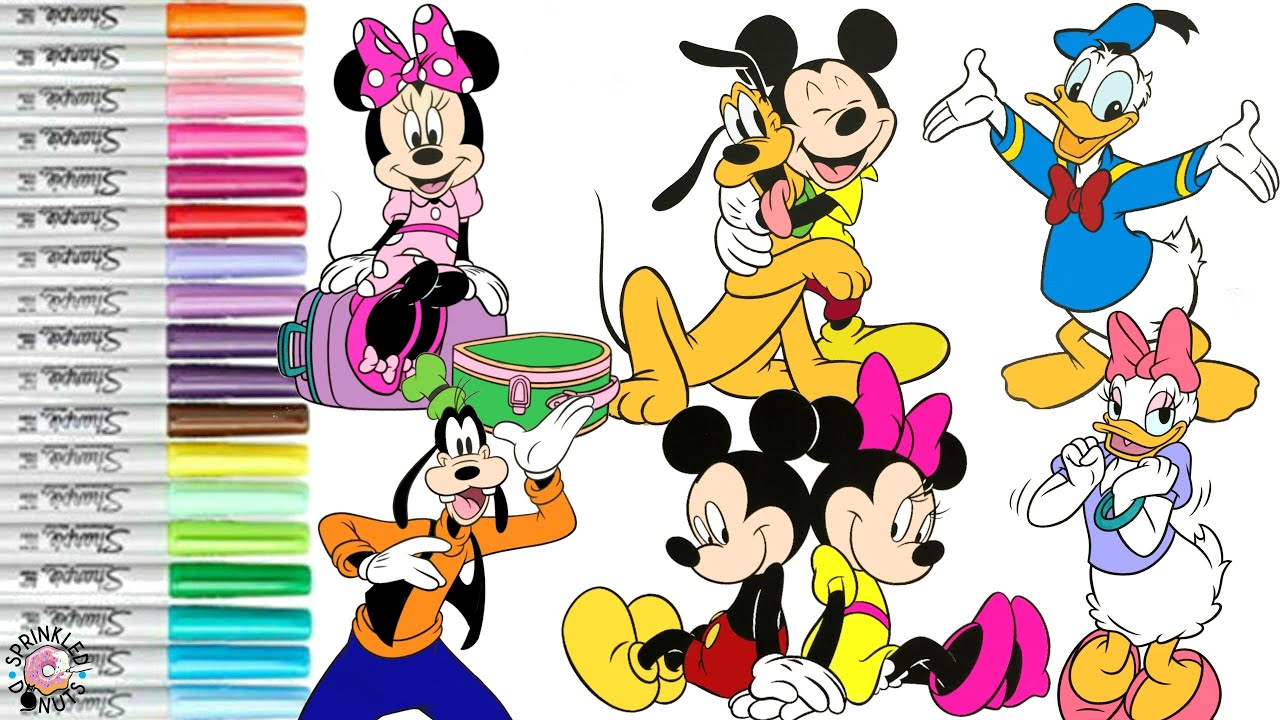 mickey mouse, minnie mouse, daisy duck, disney coloring book page, pluto, d...