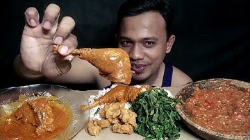 MAKAN BANYAK || AYAM  MERAH KULIT KRISPY + SAMBAL TERASI LALAPAN DAUN UBI REBUS.