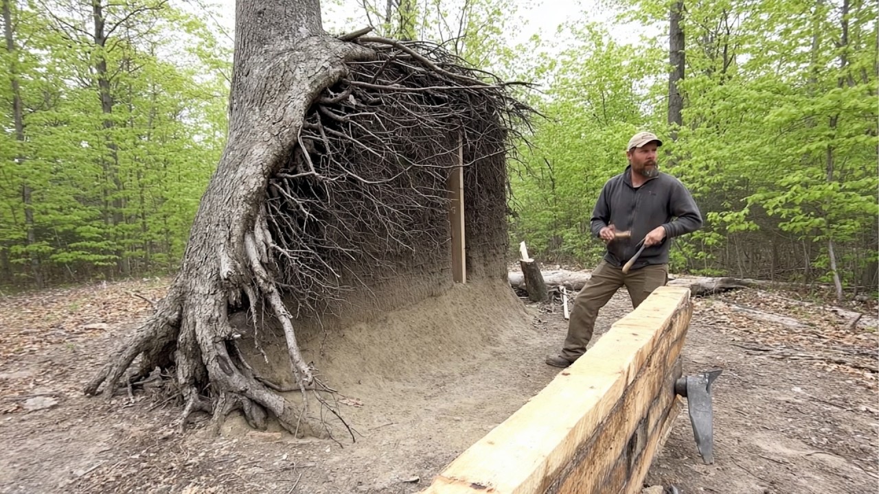 Мужчина Строит СЕКРЕТНОЕ УКРЫТИЕ С ОГРОМНЫМ ДЕРЕВОМ НАВЕРХУ | от @PolissyaBushcraft
