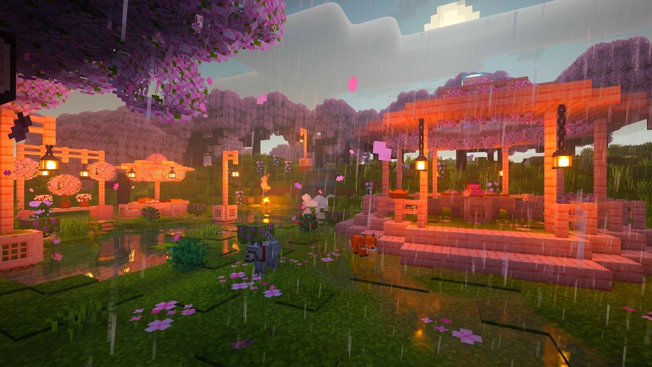 🌸 Minecraft Cherry Blossom Rain Ambience | 10 Hours of Minecraft Music