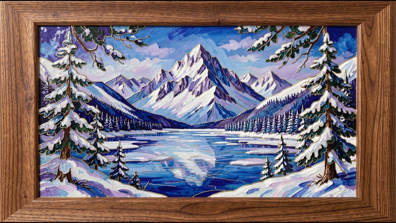 Snowy Symmetry Mountain Lake frame tv art 4k with music | tv screensaver