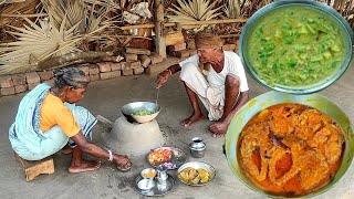FISH CURRY and JHINGE POSTO recipe cooking &eating by our grandma and grandpa||