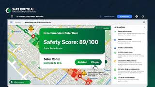 Firefly Create a professional 16 9 hackathon visual for   SafeRoute AI  , an AI powered safety aware