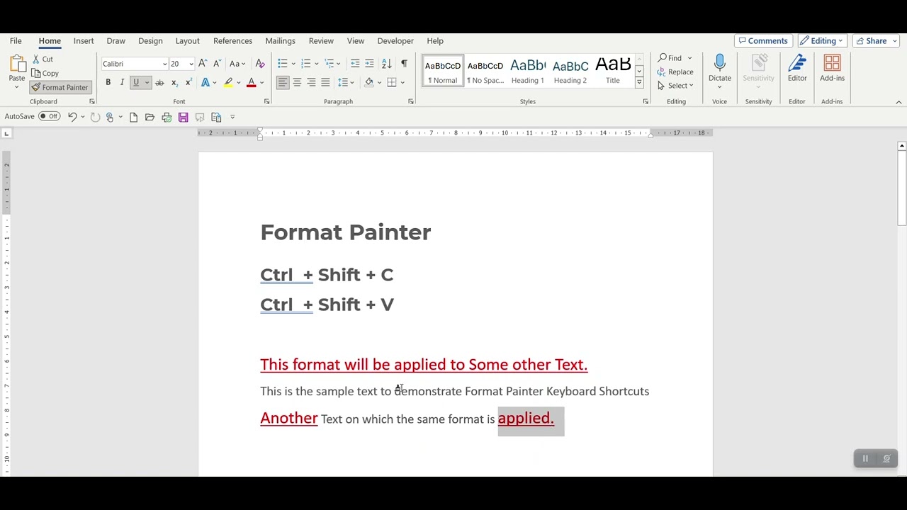How to use Key board Shortcuts for Format Painter - YouTube