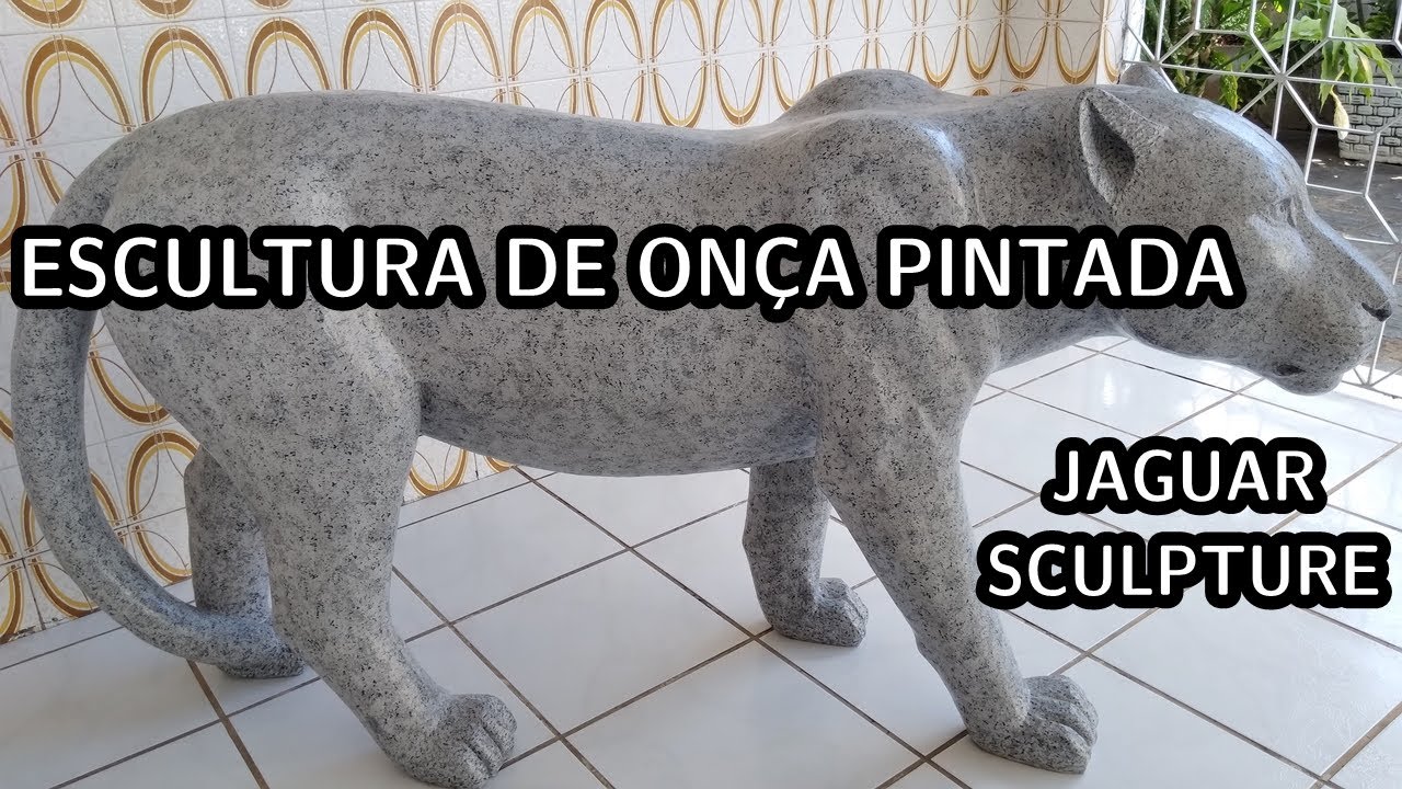 Escultura de Onça Pintada em Cimento (Efeito Granito) - Cement Jaguar Sculpture (Granite Effect)