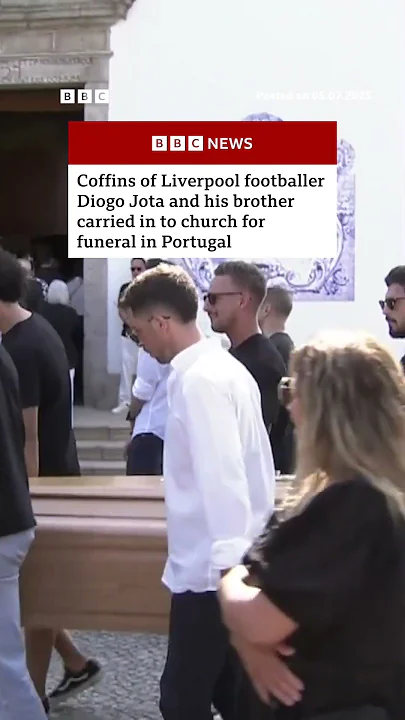 Coffins of Diogo Jota and his brother carried in to church for funeral in Portugal. #BBCNews