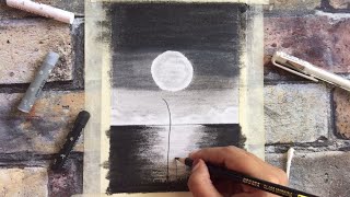 Easy Black and White Landscape Drawing for Beginners with Oil Pastels - Step by Step