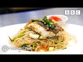 Seabass with a rice noodle salad flavored with teriyaki  masterchef uk  masterchef world