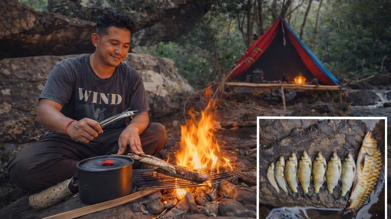 SOLO SURVIVAL CAMP  AT WATERFALL AND DEEP FOREST CATCH & COOK FRESH FOOD & LISTEN WATERFALL #nature