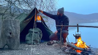 Solo Bushcraft Camping by the Lake! Relaxing Night in Tent Shelter. Campfire Cooking