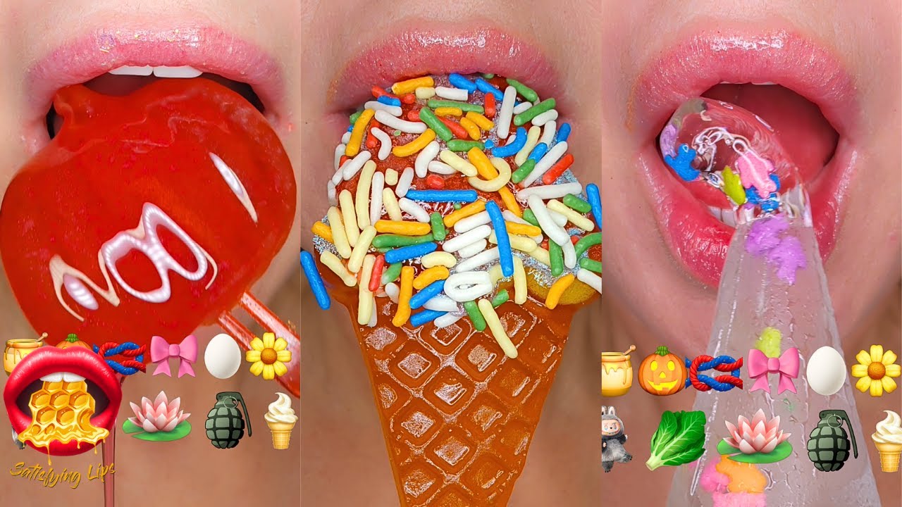 ASMR Satisfying Eating Emoji Food Challenge Wax Candy Fondant Gummies