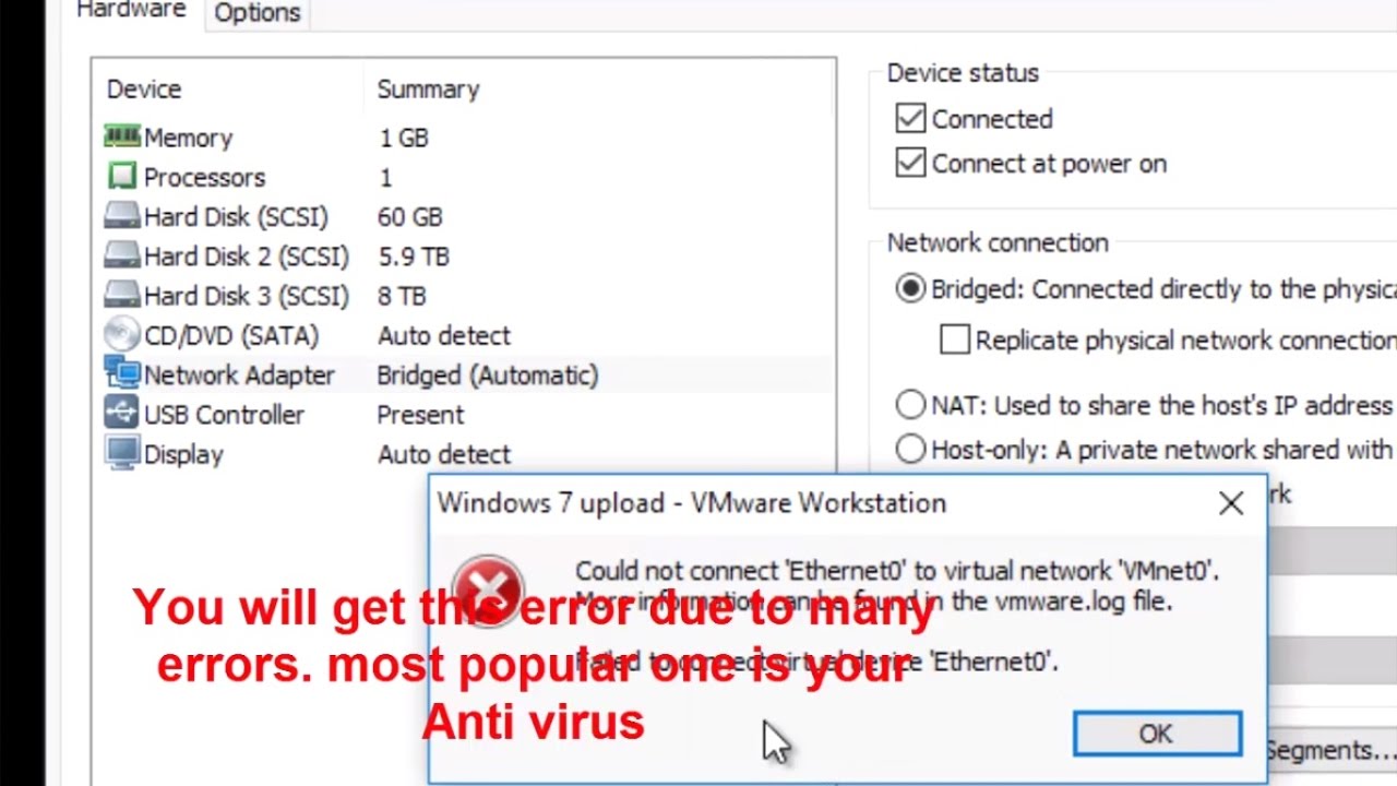 Error while powering on vmware player. Ошибки vmware.