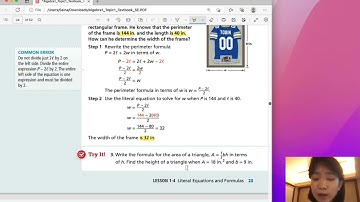 EnVision Algebra 1 Lesson 1-4: Literal Equations and Formulas