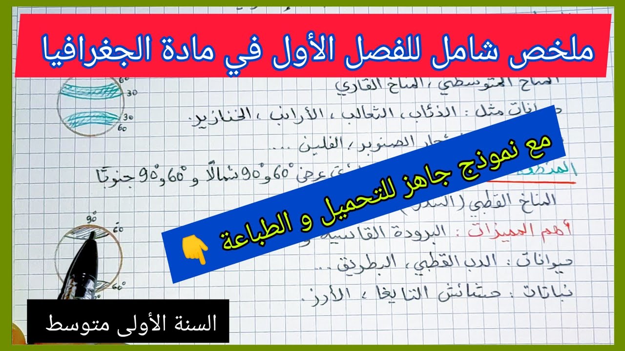 ملخص شامل للفصل الأول في مادة الجغرافيا السنة الأولى متوسط مع نموذج جاهز للتحميل 👇