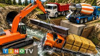 Harvester Farm Truck Fall Into Collapsing Stone Bridge Amazing Rescue Steel Bridge Construction