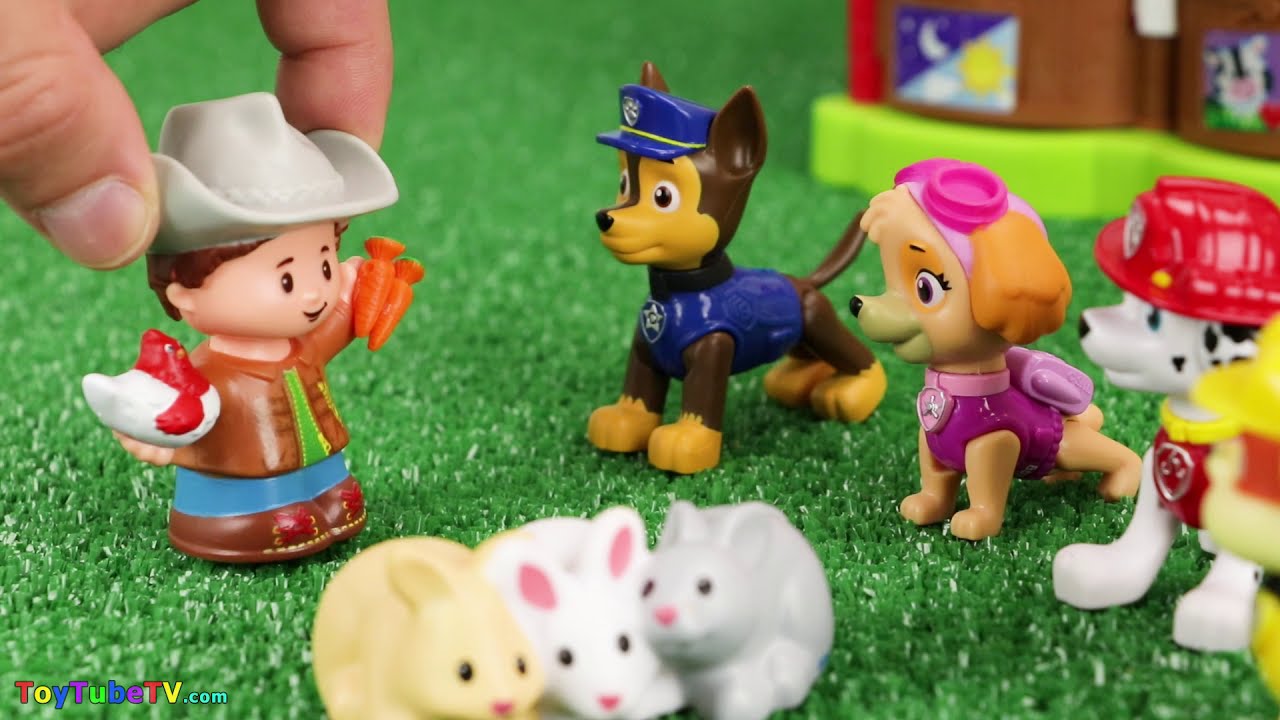 Paw Patrol visits the Fisher Price Little People Caring for Animals Farm -  Toy Learning Farm Animals - YouTube