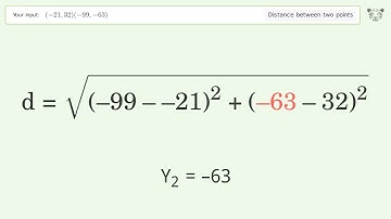 Find the distance between two points p1 (-21,32) and p2 (-99,-63): Step-by-Step Video Solution