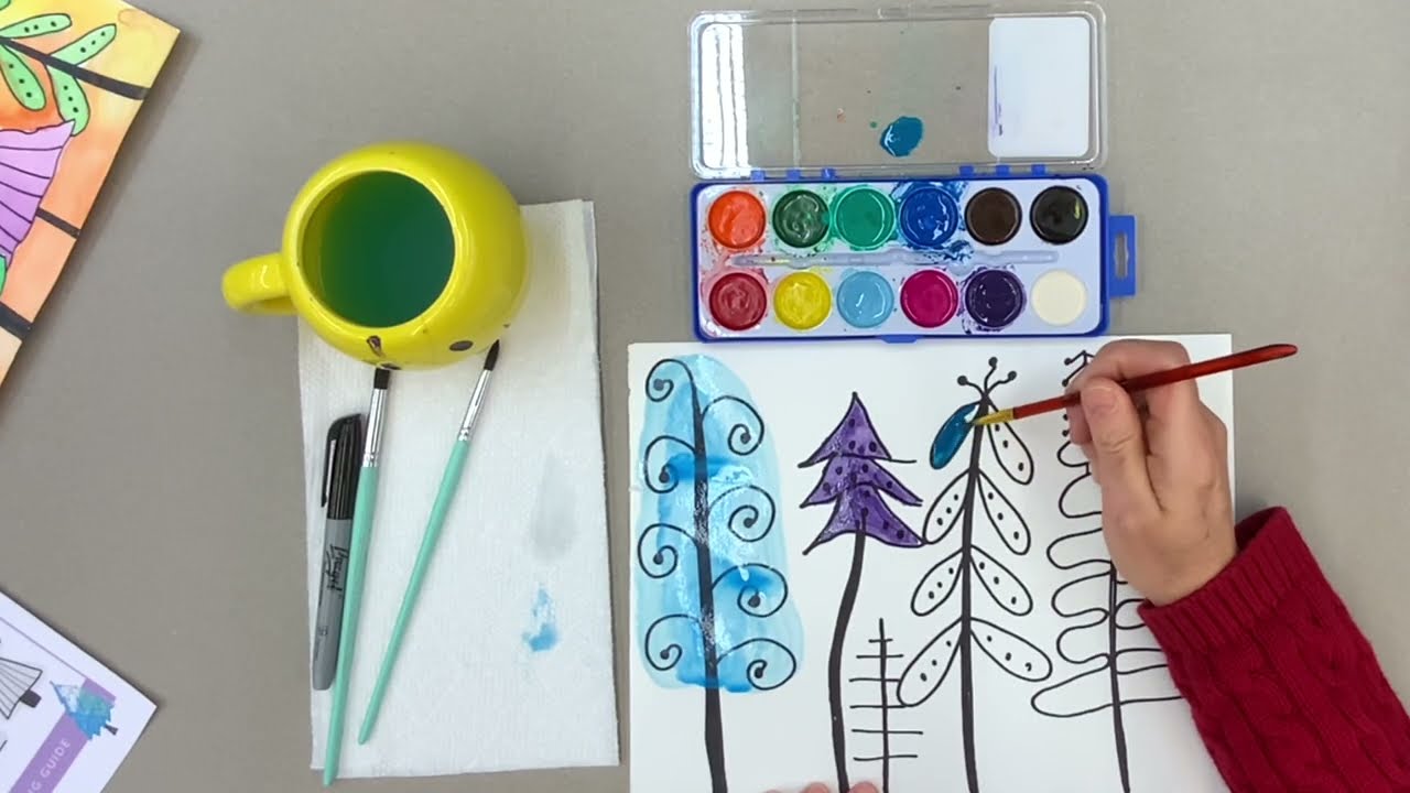 Folk Art Trees with watercolors🌳🎨🖌️| Artastic at Home with Ms. Diana!