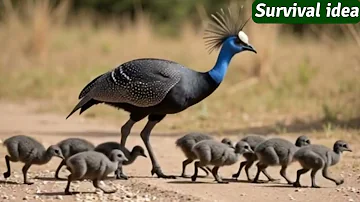 babies Helmeted guineafowl eating worm, mom Helmeted guineafowl behind Survival Idea Survival