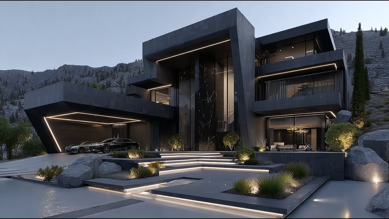 Quiet Luxury Brutalist Mansion in Modern Concrete Black Marble and Steel Accents