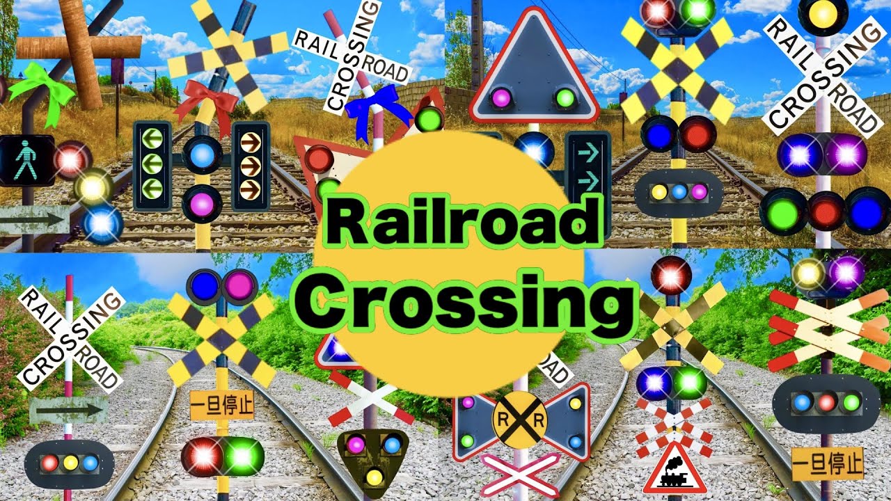【踏切アニメ】ふみきりカンカン特集♪豪華に光って目立ちたい！世界のふみきり  Railroad Crossing and train  信号機　交通標識　線路