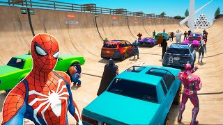 Novos Carros Homem-Aranha e Amigos Heroes com Vilões! New Cars and Spiderman Ramps Сhallenge GTA 5