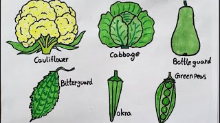Easy vegetables drawing for kids. Cauliflower, cabbage, bitter guard, bottle guard, okra, green peas