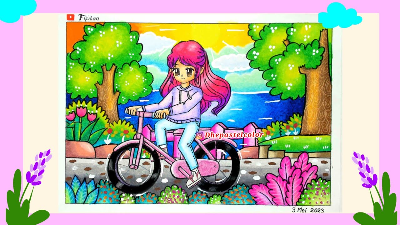 CARA MENGGAMBAR DAN GRADASI WARNA OILPASTEL TEMA BERSEPEDA SANTAI EP 415