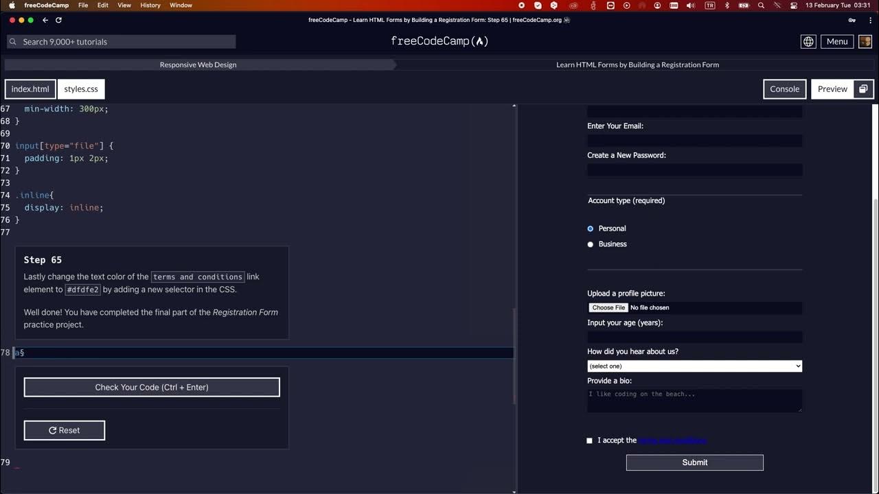 LEARN HTML FORMS BY BUILDING A REGISTRATION FORM STEP 65 #freecodecamp ...