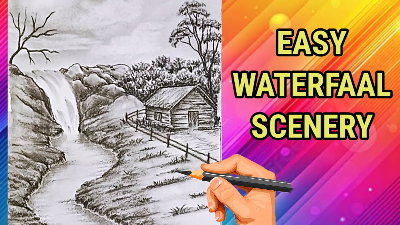 How to Draw Waterfall Scenery with Pencil | Easy Nature Sketch for ...