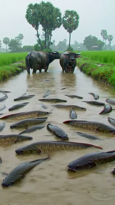 Amazing peaceful rice field full of fish gathering. #fishing #primitiveplus #survivalskills