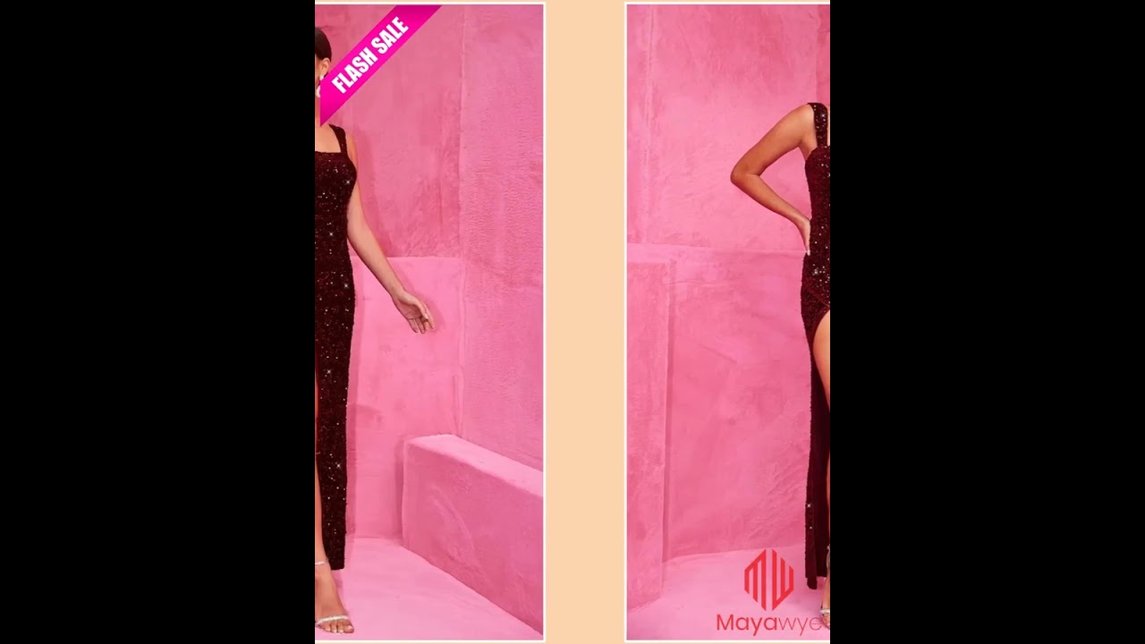 Slit Sequin Square Neck Wide Strap Dress