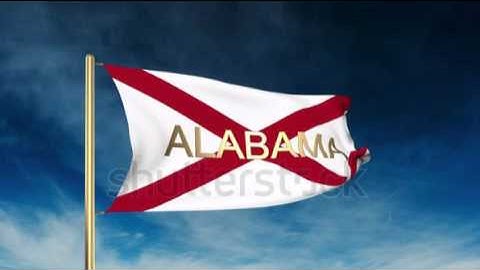 alabama flag slider style with title. Waving in the wind with cloud background animation Stock