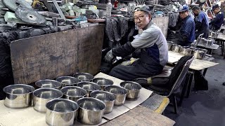 Старая фабрика по производству горшков из нержавеющей стали. Процесс массового производства посуды