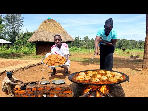 UNBELIEVABLE! Village Mum Builds a Mud Outdoor Jiko & Cooks 100 Eggs + Giant Spaghetti  for Lunch🍝🥚