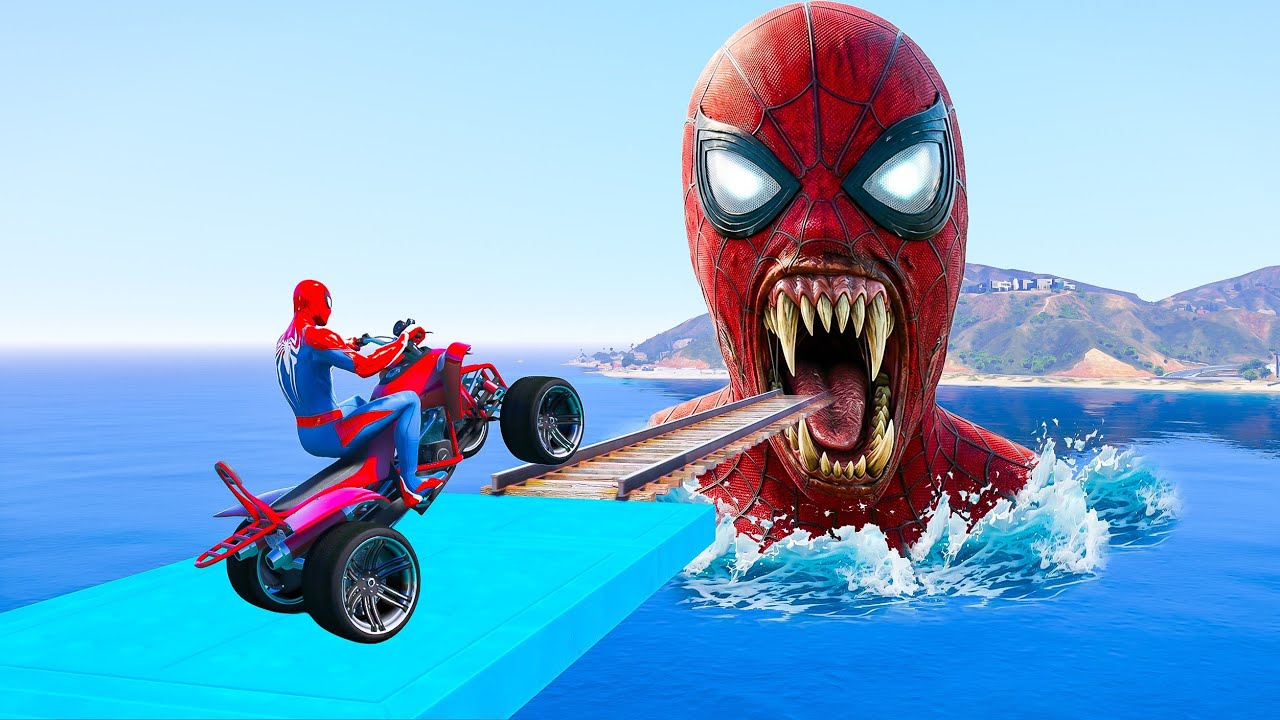 SPIDER MAN! 🏍️on Motorcycle in Spiral Bridge Stunt Ride Superheroes on ...