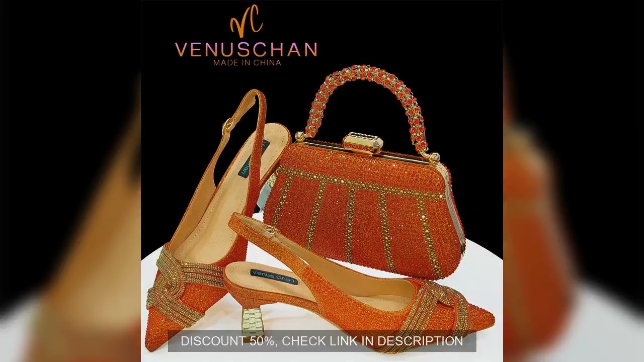 Venus Chan 2024 Special Design High Quality Orange Color African Women Shoes and Bag Set with Shinni