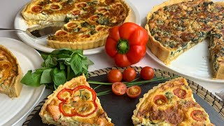 3 simple quiche recipes. 1- Basil and tomatoes 2- Spinach 3- Salmon.