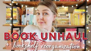 HUGE BOOK UNHAUL & saying goodbye to colorful rainbow shelves // 70+ books are going