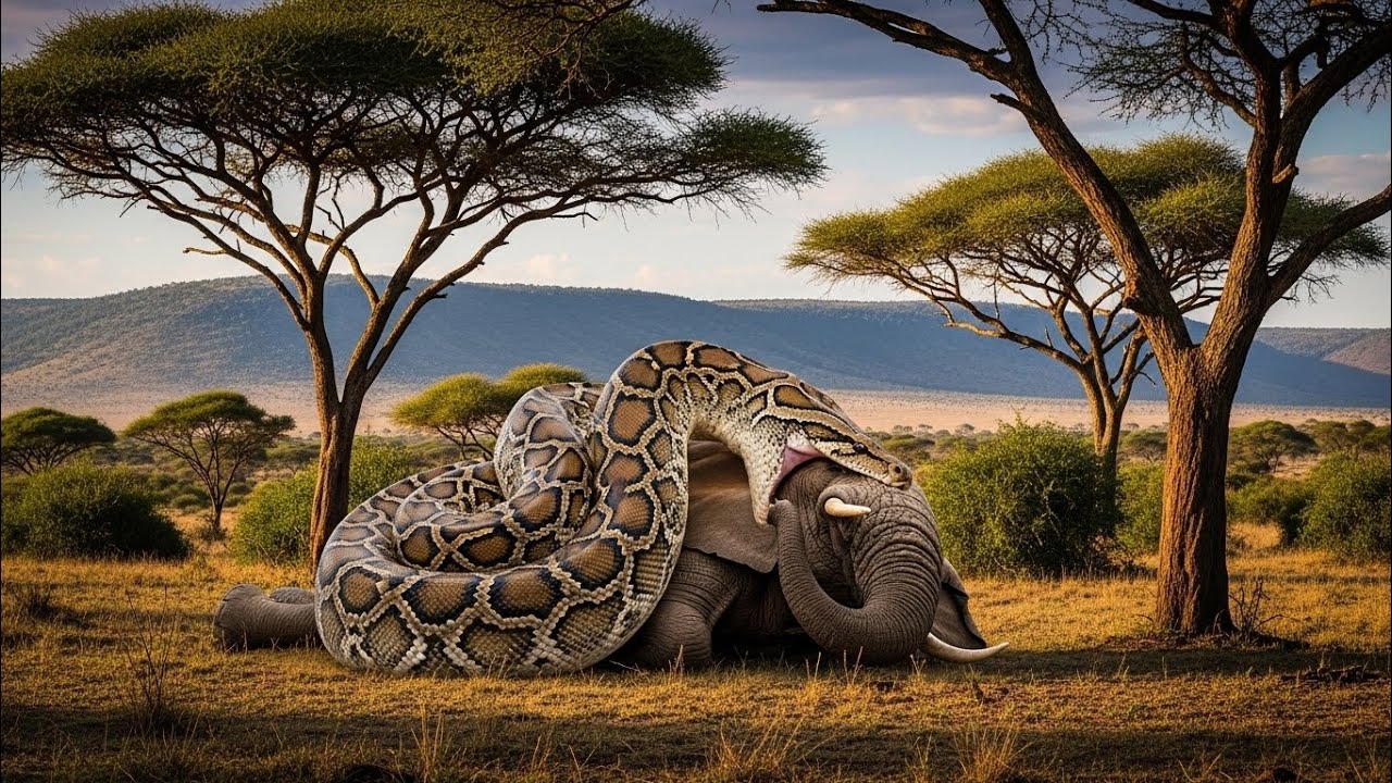 Giant python is wrapping itself around an elephant with great force ...