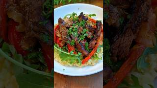Crispy Rice Waffle Steak Bowl with Ginger Umami Drizzle